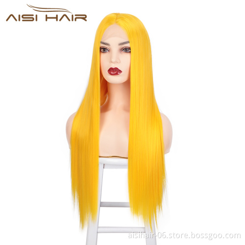 Aisi Hair 26 Inch Long Silky Straight Yellow Wig Cosplay Swiss Lace Wig Middle Part Synthetic Lace Front Wigs For Black Women